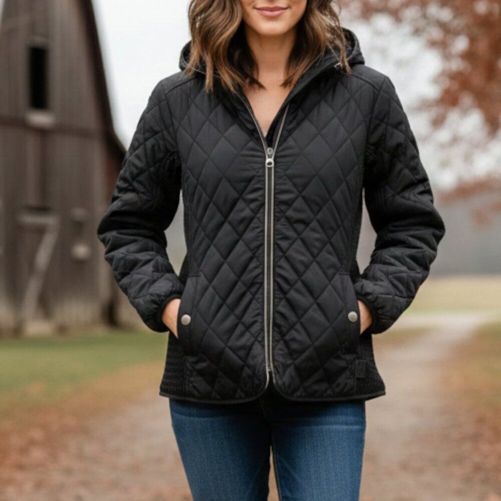 STS Ranchwear By Carroll The Savannah Black Quilted Jacket Hooded in Black